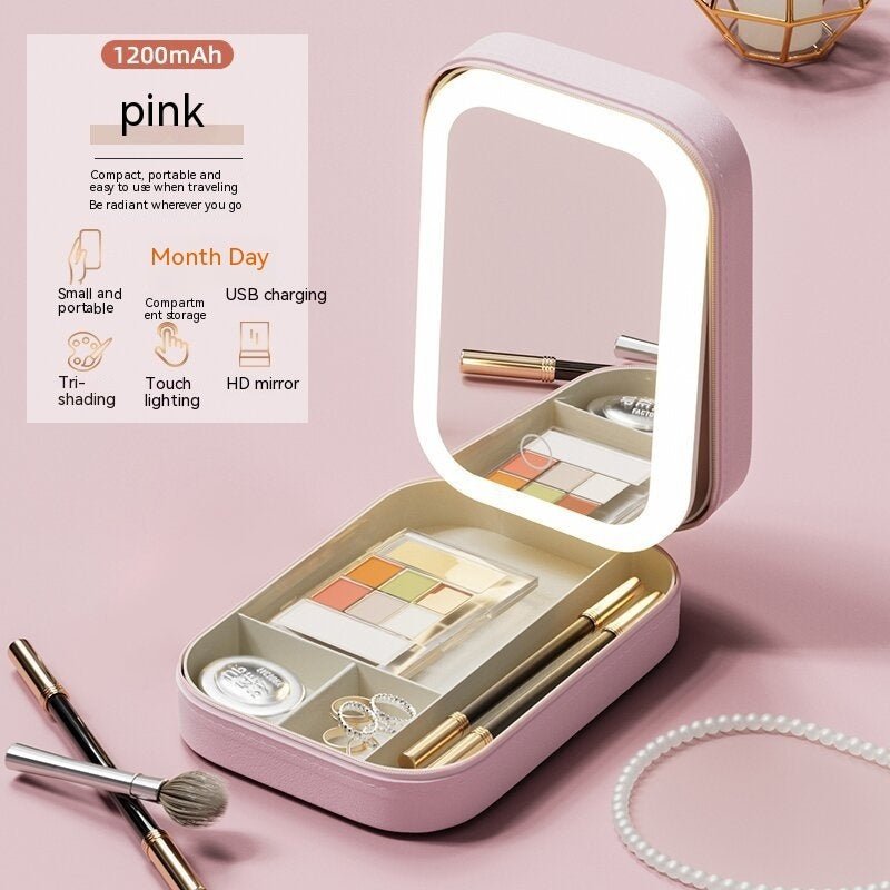 Makeup Storage Box With LED Light Mirror Portable Travel Makeup Cosmetics Storage Box Touch Light Storage Organizer - zyracollection.store
