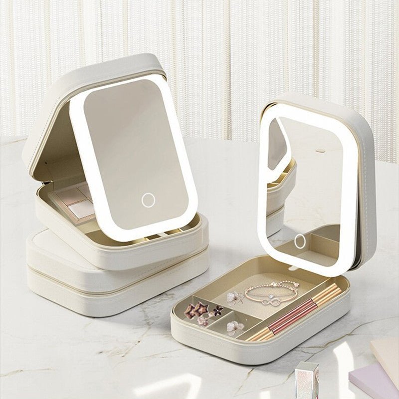 Makeup Storage Box With LED Light Mirror Portable Travel Makeup Cosmetics Storage Box Touch Light Storage Organizer - zyracollection.store